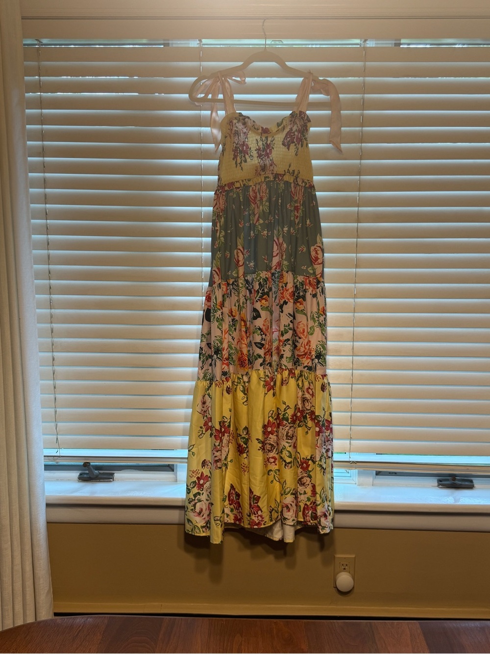 Floral Tiered Maxi Dress with Yellow & Green Panels